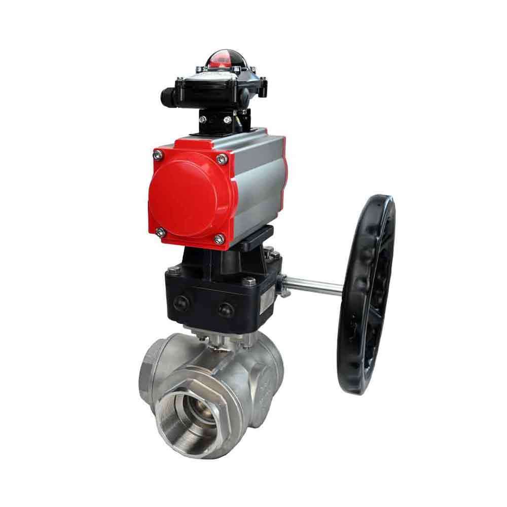 Stainless steel ball valve Elephant RP.SS316.200.MM.ISO 914 PSI threaded, standard port, three way, T-type, body material - stainless steel AISI 316, pneumatic actuator DA, limit switch block APL-410N EX, manual override HDM