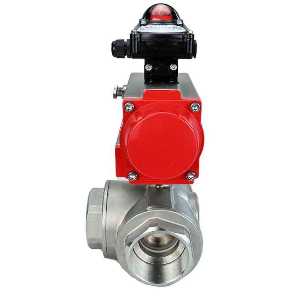 Stainless steel ball valve Elephant RP.SS316.200.MM.ISO 914 PSI threaded, standard port, three way, T-type, body material - stainless steel AISI 316, pneumatic actuator DA, limit switch block APL-410N EX