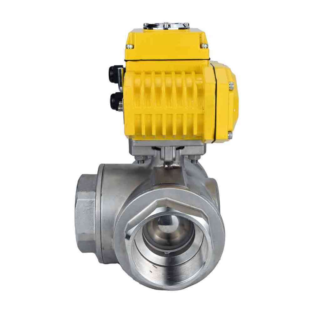 Stainless steel ball valve Elephant RP.SS316.200.MM.ISO 914 PSI threaded, standard port, three way, T-type, body material - stainless steel AISI 316, with quater-turn electric actuator Elephant QT-W (M) 380V