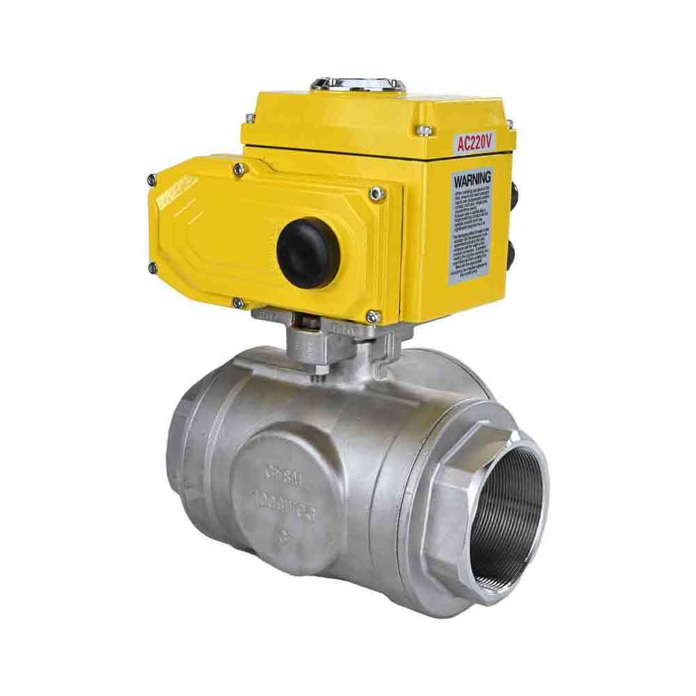 Stainless steel ball valve Elephant RP.SS316.200.MM.ISO 914 PSI threaded, standard port, three way, T-type, body material - stainless steel AISI 316, with quater-turn electric actuator Elephant QT-W (M) 220V