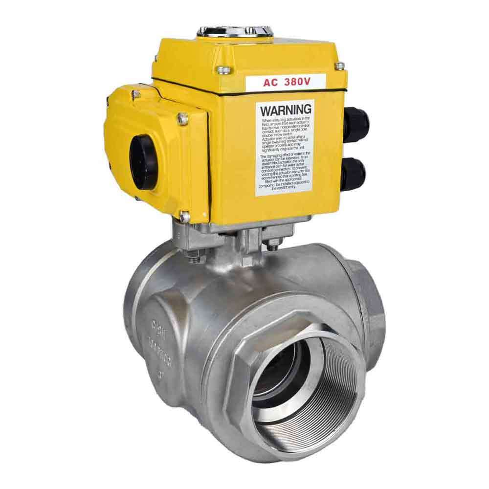 Stainless steel ball valve Elephant RP.SS316.200.MM.ISO 914 PSI threaded, standard port, three way, T-type, body material - stainless steel AISI 316, with quater-turn electric actuator Elephant QT-W (M) 380V