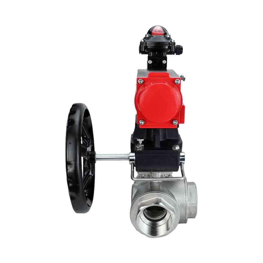 Stainless steel ball valve Elephant RP.SS316.200.MM.ISO 914 PSI threaded, standard port, three way, L-type, body material - stainless steel AISI 316, pneumatic actuator DA, limit switch block APL-410N EX, manual override HDM