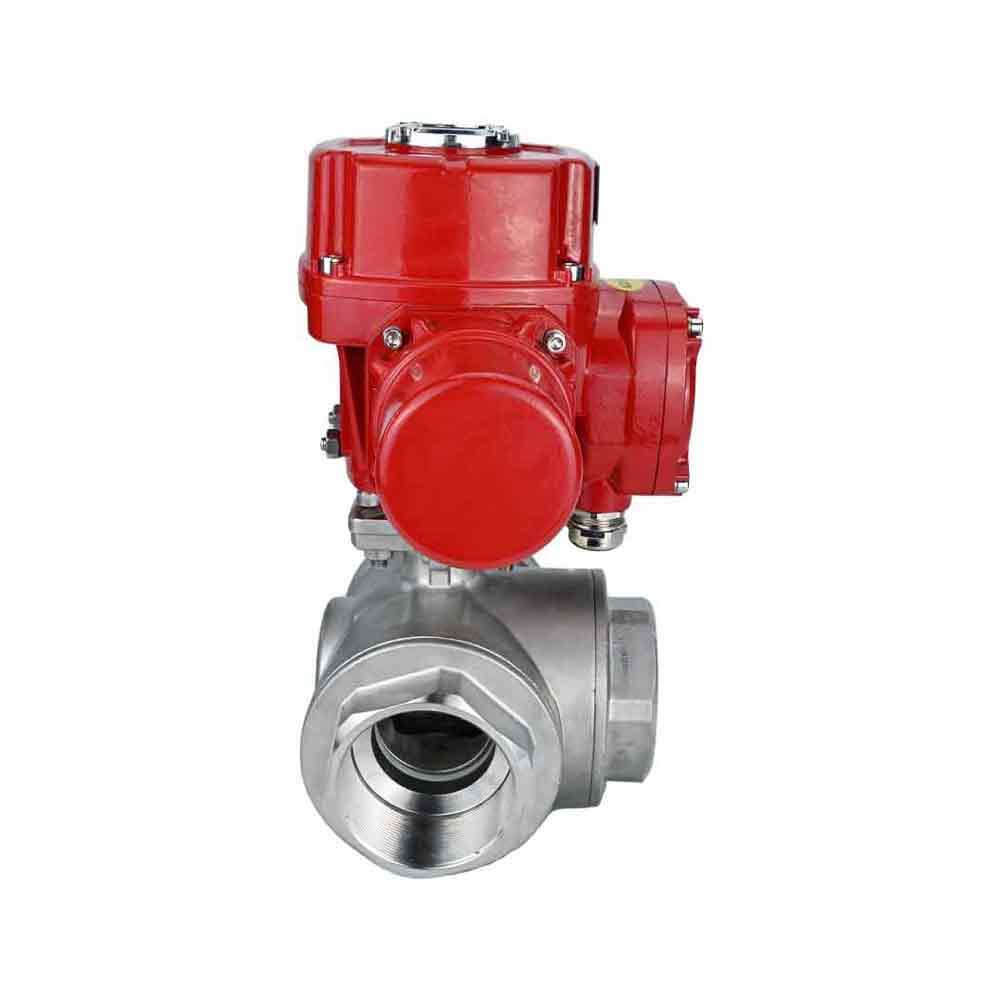 Stainless steel ball valve Elephant RP.SS316.200.MM.ISO 914 PSI threaded, standard port, three way, L-type, body material - stainless steel AISI 316, with quater-turn electric actuator Elephant QT-W (M) EX 380V