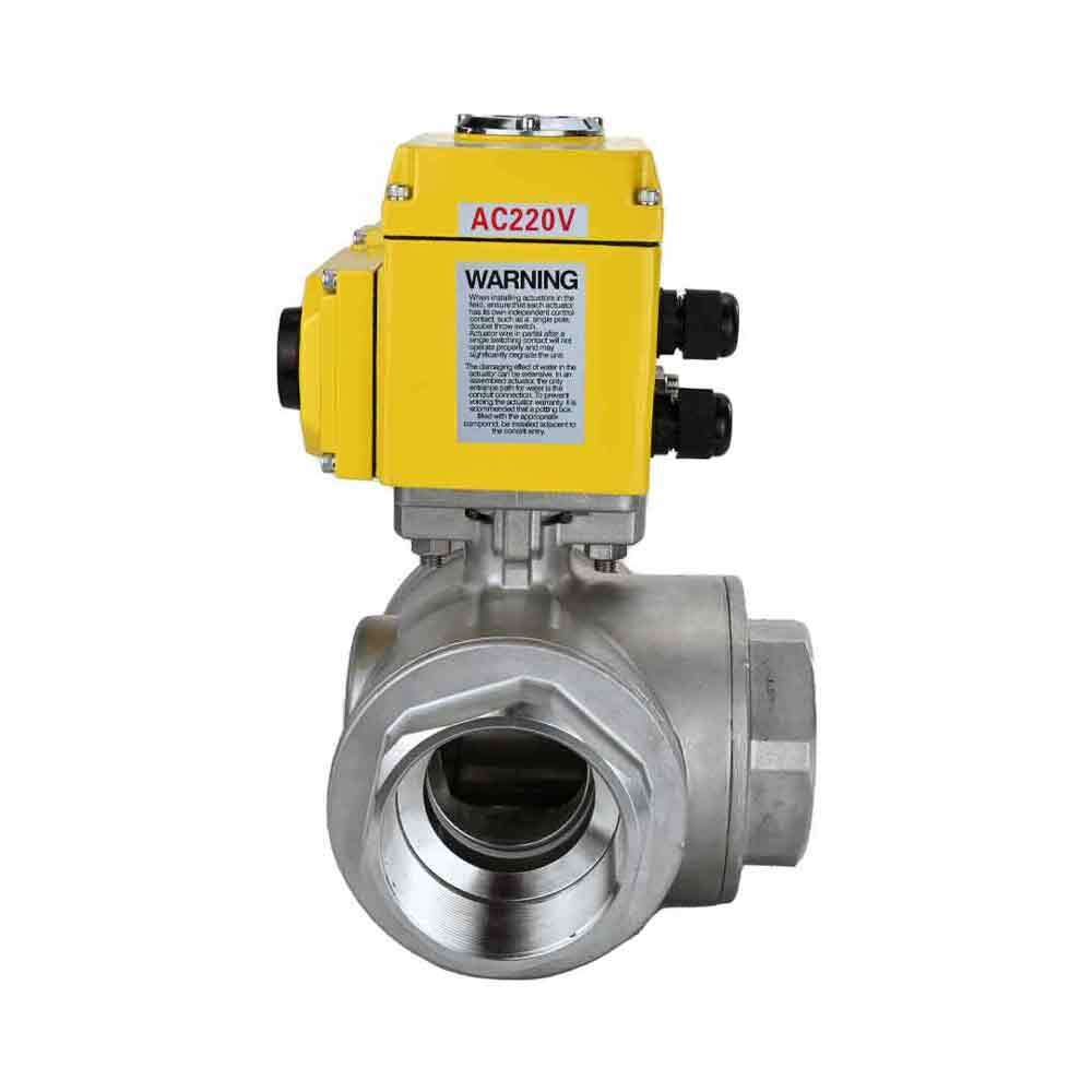 Stainless steel ball valve Elephant RP.SS316.200.MM.ISO 914 PSI threaded, standard port, three way, L-type, body material - stainless steel AISI 316, with quater-turn electric actuator Elephant QT-W (M) 220V