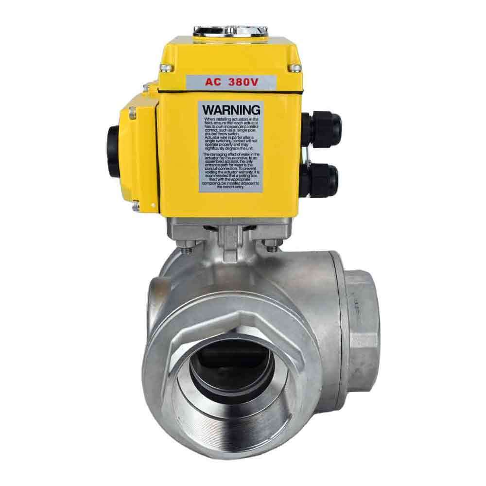 Stainless steel ball valve Elephant RP.SS316.200.MM.ISO 914 PSI threaded, standard port, three way, L-type, body material - stainless steel AISI 316, with quater-turn electric actuator Elephant QT-W (M) 380V