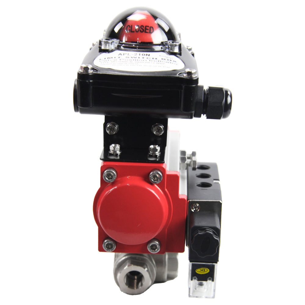 Stainless steel ball valve Elephant RP.SS316.200.MM.ISO 914 PSI threaded, standard port, three way, T-type, body material - stainless steel AISI 316, pneumatic actuator DA, pneumatic distributor 4M310-08 24V, limit switch block APL-410N EX