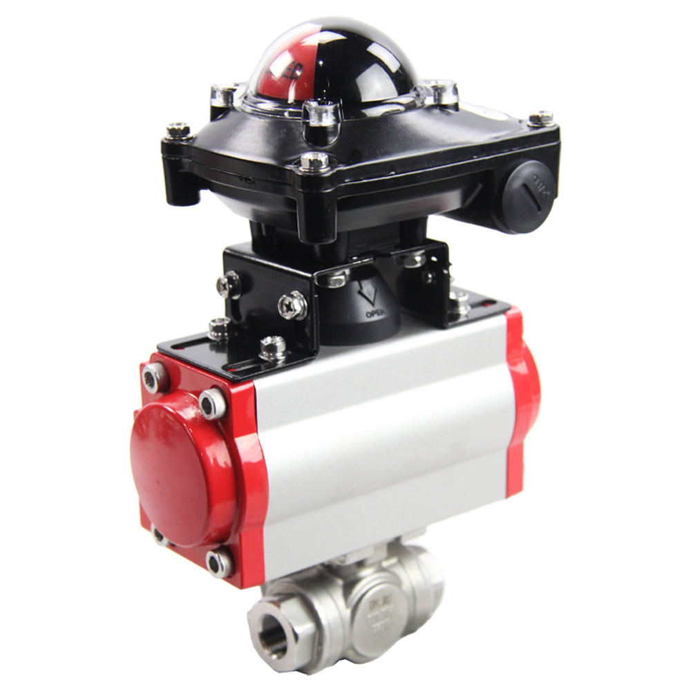 Stainless steel ball valve Elephant RP.SS316.200.MM.ISO 914 PSI threaded, standard port, three way, T-type, body material - stainless steel AISI 316, pneumatic actuator DA, pneumatic distributor 4M310-08 24V, limit switch block APL-410N EX