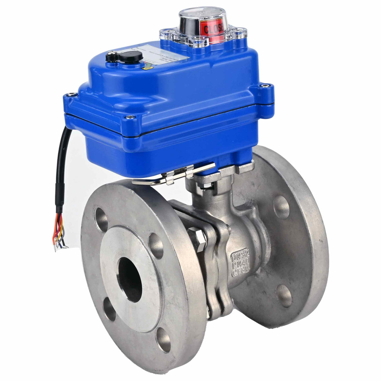 Stainless steel ball valve Elephant BV3232P-FP-F, body material - stainless steel AISI 316, seal - PTFE, full port, flanged, electric actuator Elephant 003 blue 24 V