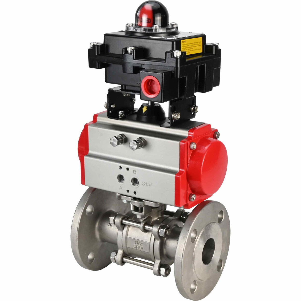Stainless steel ball valve Elephant BVFPT-ISO.304.180 three-part, body material - stainless steel SS304, seal - PTFE, flanged, full port, pneumatic actuator Elephant DA, limit switch block APL-410N EX