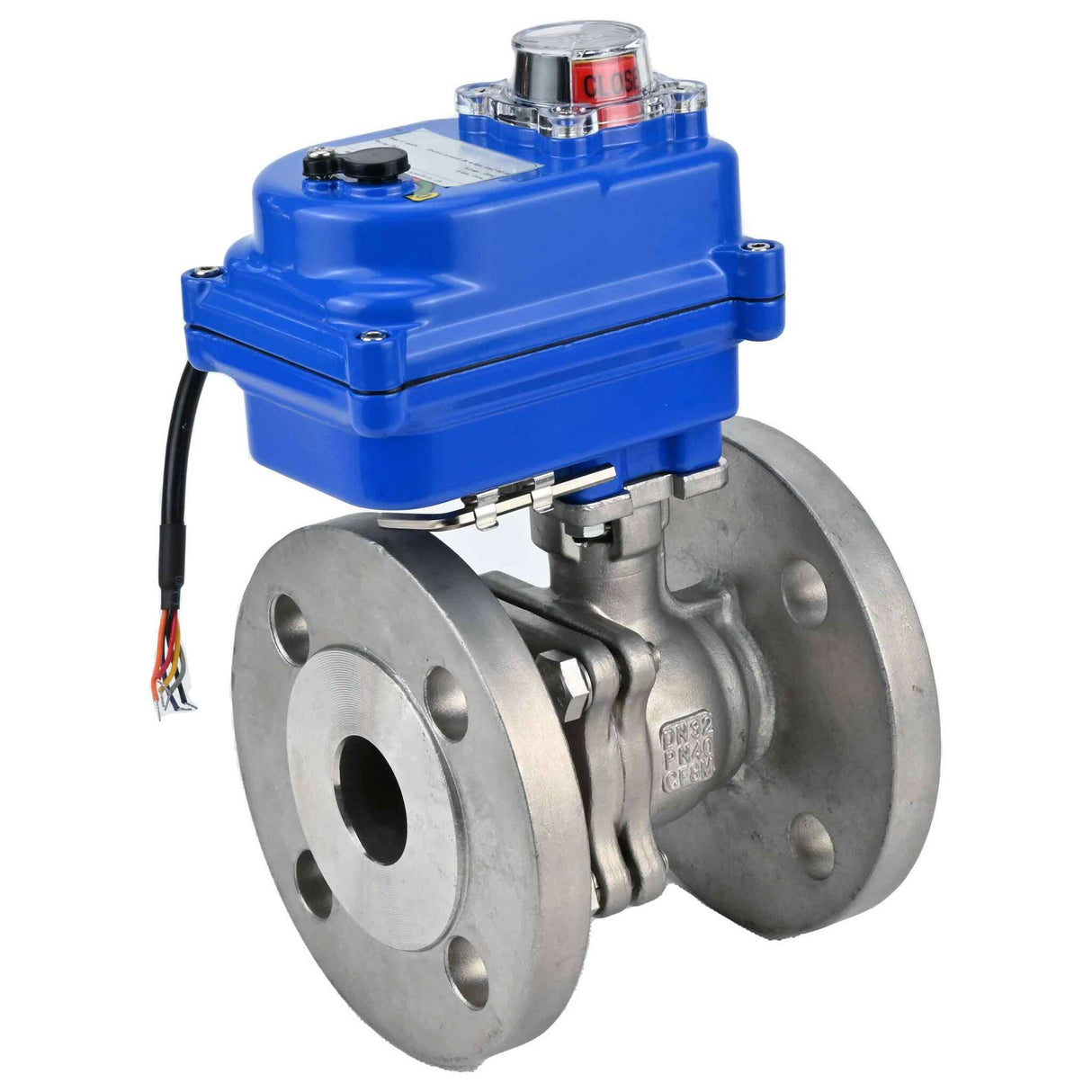 Stainless steel ball valve Elephant BV3232P-FP-F, body material - stainless steel AISI 316, seal - PTFE, full port, flanged, electric actuator Elephant 003 blue 24 V