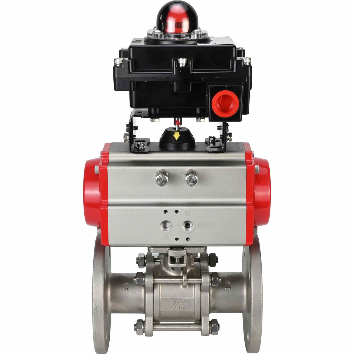 Stainless steel ball valve Elephant BVFPT-ISO.304.180 three-part, body material - stainless steel SS304, seal - PTFE, flanged, full port, pneumatic actuator Elephant SA, limit switch block APL-410N EX