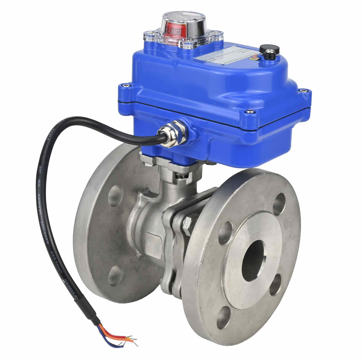 Stainless steel ball valve Elephant BV3232P-FP-F, body material - stainless steel AISI 316, seal - PTFE, full port, flanged, electric actuator Elephant 003 blue 24 V
