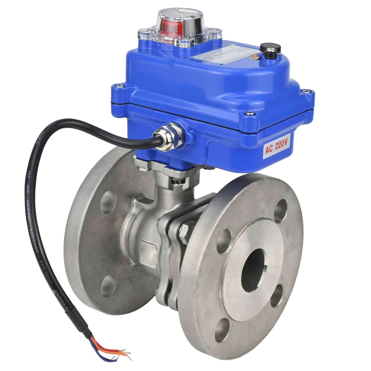 Stainless steel ball valve Elephant BV3232P-FP-F PSI580, body material - stainless steel AISI 316, seal - PTFE, full port, flanged, electric actuator Elephant 003 blue 220 V