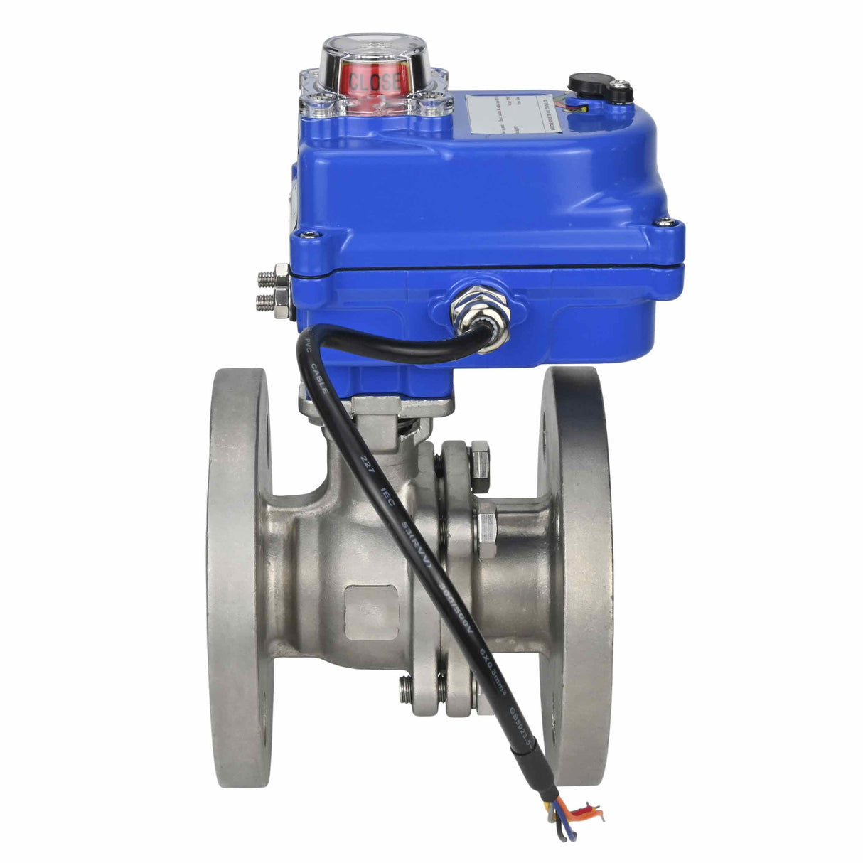 Stainless steel ball valve Elephant BV3232P-FP-F, body material - stainless steel AISI 316, seal - PTFE, full port, flanged, electric actuator Elephant 003 blue 24 V