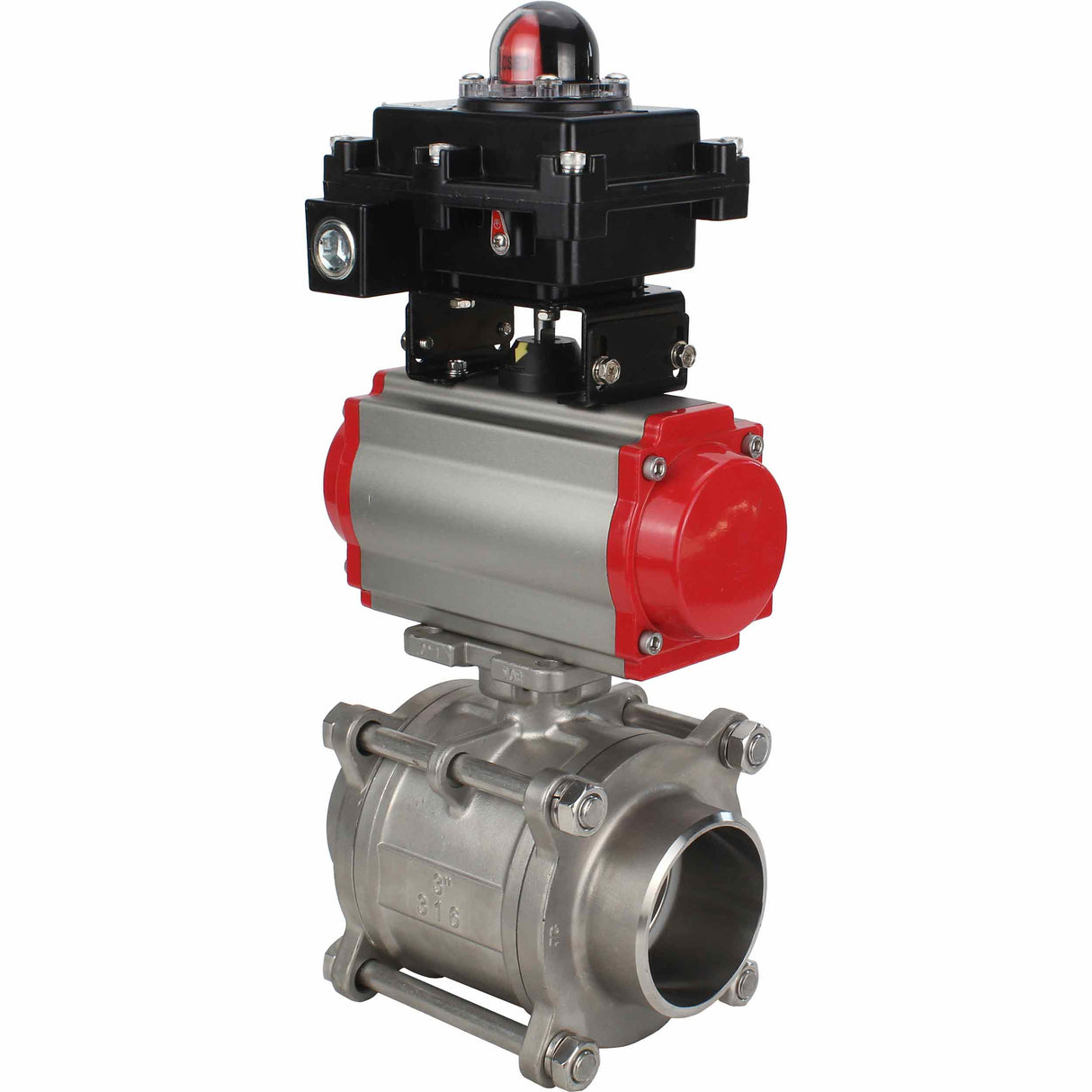 Stainless steel ball valve Elephant BVPP 316.200-ISO 63 bar SS316 full port, for welding, body material - stainless steel, pneumatic actuator Elephant DA, limit switch block APL-410N EX