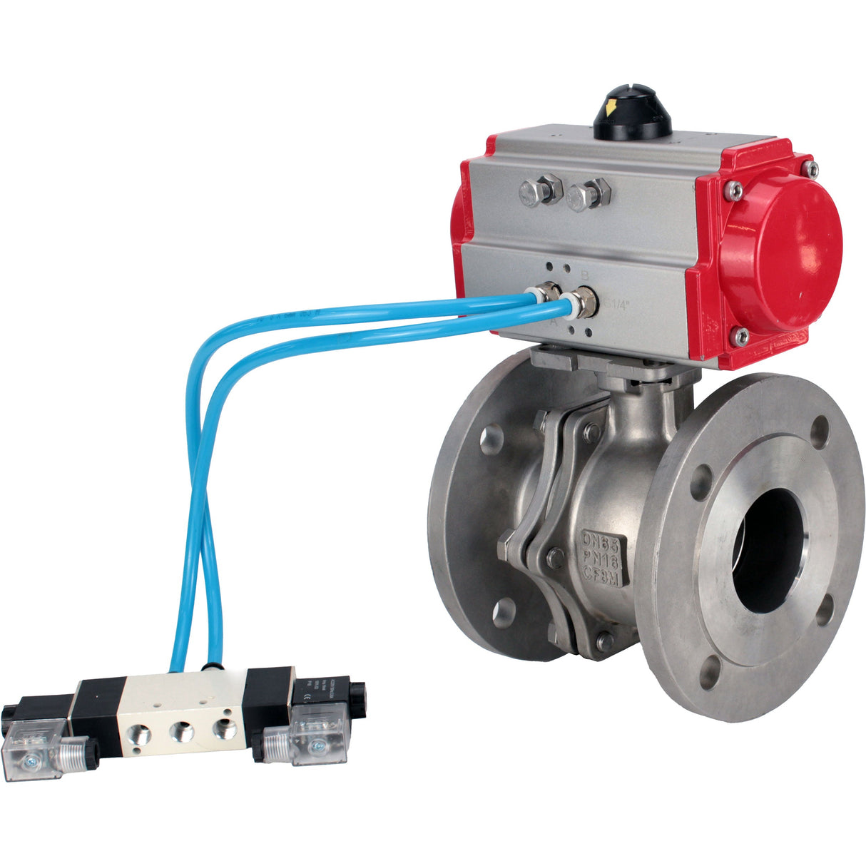 Ball valves Elephant BV3232P(2pc)-FP-F-ISO-H DN15-300 16 bar/16, full bore flanged, stainless steel SS316, seal - PTFE, with pneumatic actuator PA-SA with return springs, with pneumatic distributor 4V320-08 220V