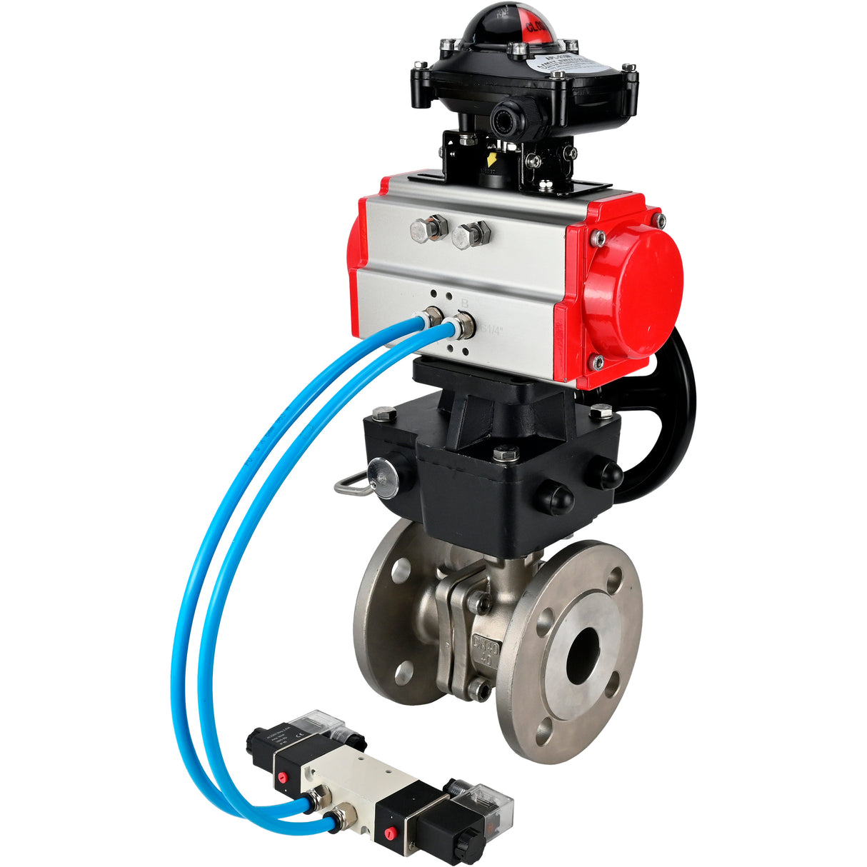 Ball valves Elephant BV3232P(2pc)-FP-F-ISO-H,  body material - Stainless steel AISI 316, seal - PTFE / PTFE / Teflon, with pneumatic actuator double action PA-DA, 4V320-10 220V, LSU APL-210N, handwheel MON