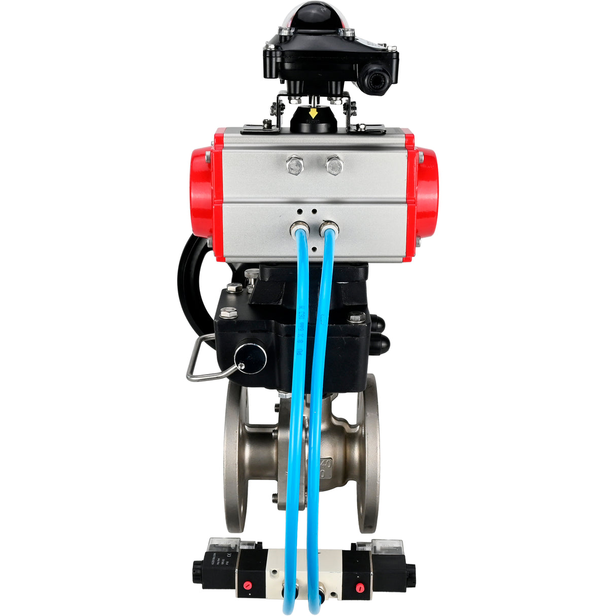 Ball valves Elephant BV3232P(2pc)-FP-F-ISO-H,  body material - Stainless steel AISI 316, seal - PTFE / PTFE / Teflon, with pneumatic actuator double action PA-DA, 4V320-10 220V, LSU APL-210N, handwheel MON