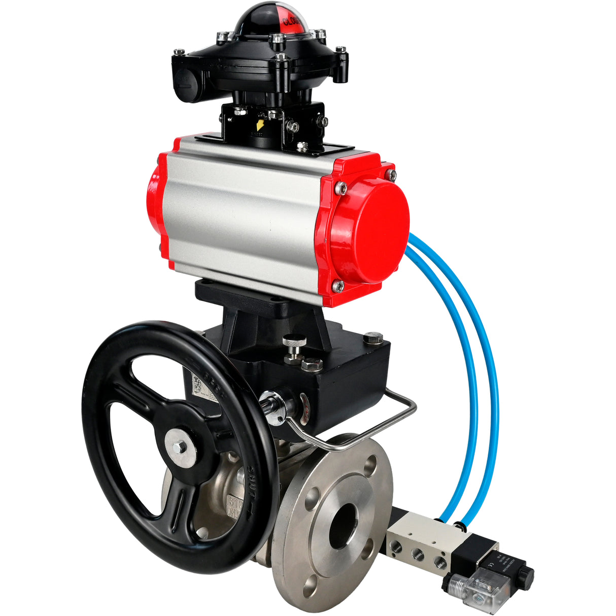 Ball valves Elephant BV3232P(2pc)-FP-F-ISO-H,  body material - Stainless steel AISI 316, seal - PTFE / PTFE / Teflon, with pneumatic actuator double action PA-DA, 4V320-10 220V, LSU APL-210N, handwheel MON