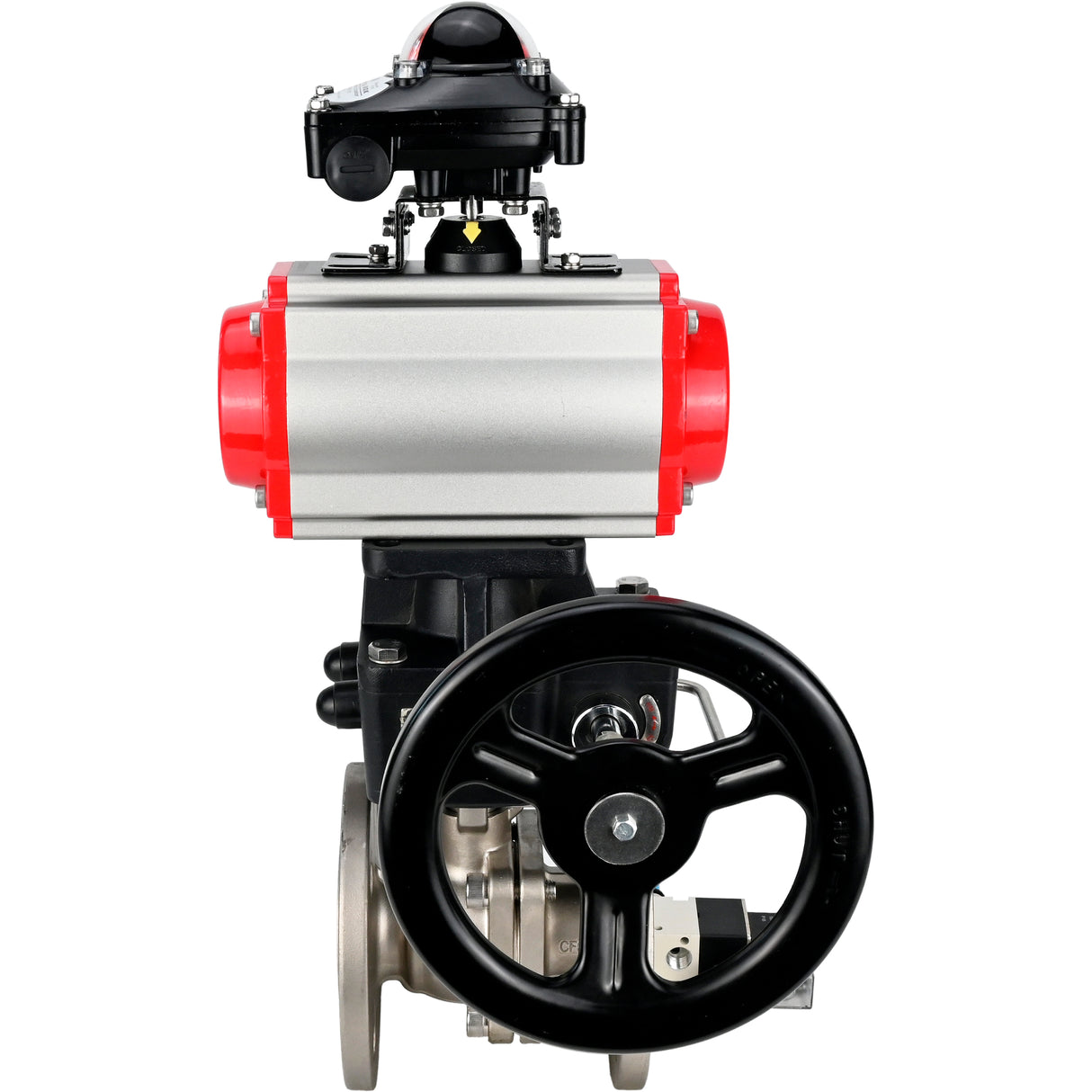 Ball valves Elephant BV3232P(2pc)-FP-F-ISO-H,  body material - Stainless steel AISI 316, seal - PTFE / PTFE / Teflon, with pneumatic actuator double action PA-DA, 4V320-10 220V, LSU APL-210N, handwheel MON