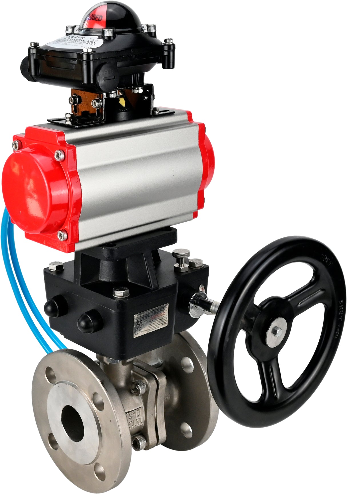 Ball valves Elephant BV3232P(2pc)-FP-F-ISO-H,  body material - Stainless steel AISI 316, seal - PTFE / PTFE / Teflon, with pneumatic actuator double action PA-DA, 4V320-10 220V, LSU APL-210N, handwheel MON