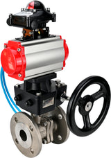 Ball valves Elephant BV3232P(2pc)-FP-F-ISO-H,  body material - Stainless steel AISI 316, seal - PTFE / PTFE / Teflon, with pneumatic actuator double action PA-DA, 4V320-10 220V, LSU APL-210N, handwheel MON