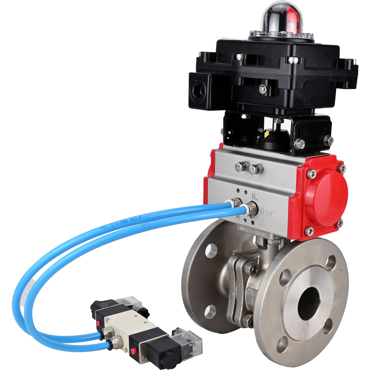 Ball valves Elephant BV3232P(2pc)-FP-F-ISO-H, full bore flanged, stainless steel SS316, seal - PTFE, with pneumatic actuator PA-SA with return springs, with pneumatic distributor 4V320-10 220V, with LSU APL-410N EX