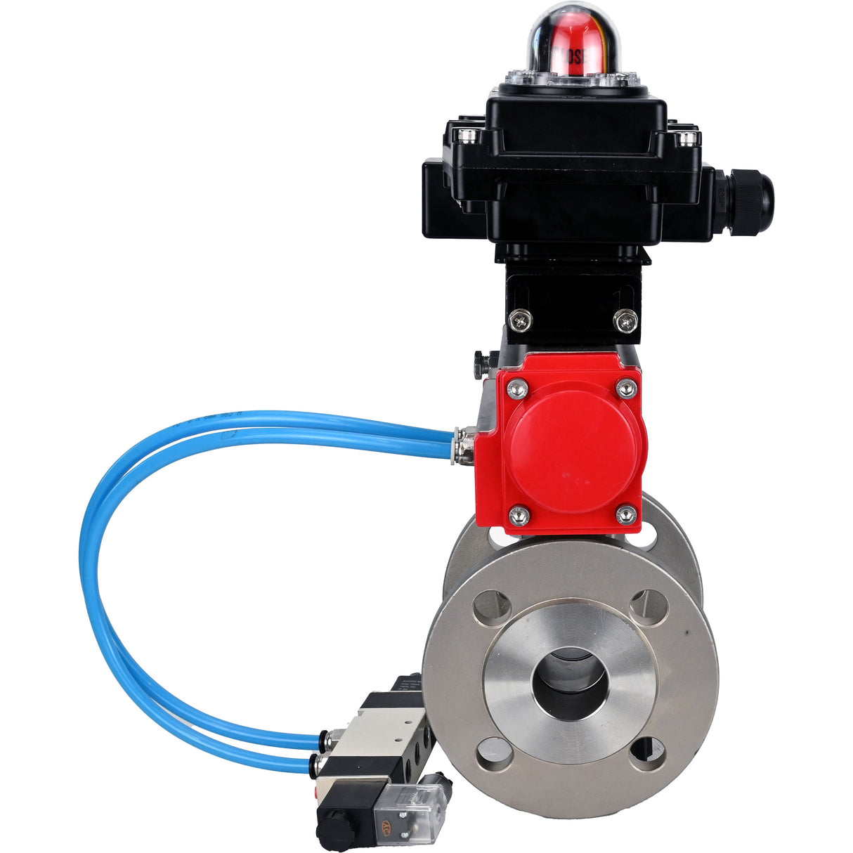 Ball valves Elephant BV3232P(2pc)-FP-F-ISO-H, full bore flanged, stainless steel SS316, seal - PTFE, with pneumatic actuator PA-SA with return springs, with pneumatic distributor 4V320-10 220V, with LSU APL-410N EX