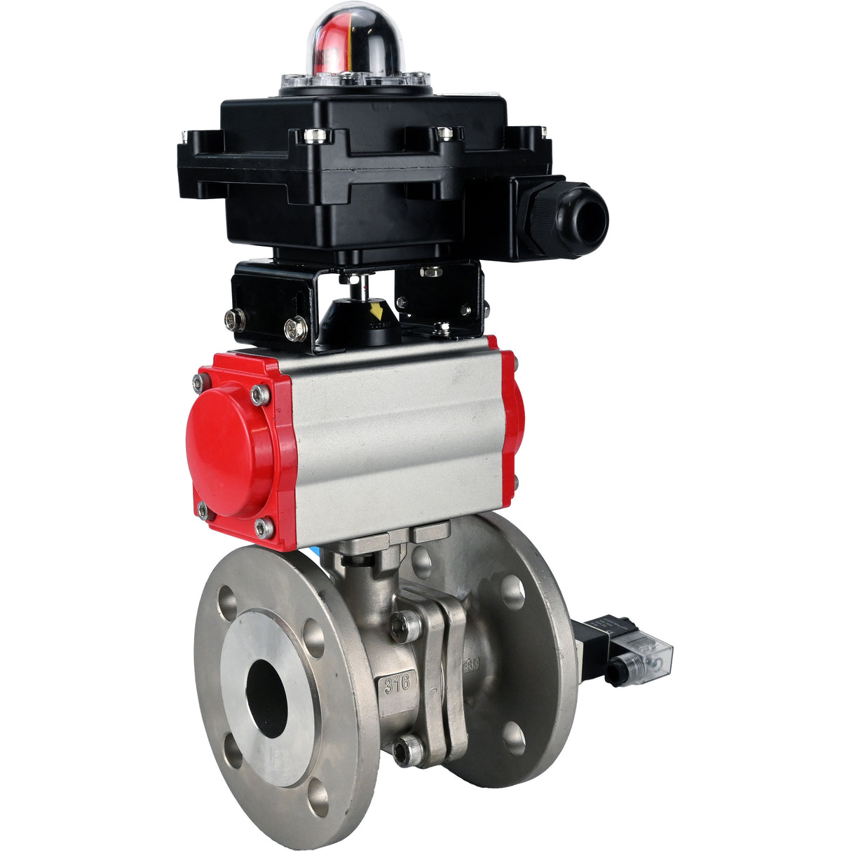 Ball valves Elephant BV3232P(2pc)-FP-F-ISO-H, full bore flanged, stainless steel SS316, seal - PTFE, with pneumatic actuator PA-SA with return springs, with pneumatic distributor 4V320-10 220V, with LSU APL-410N EX