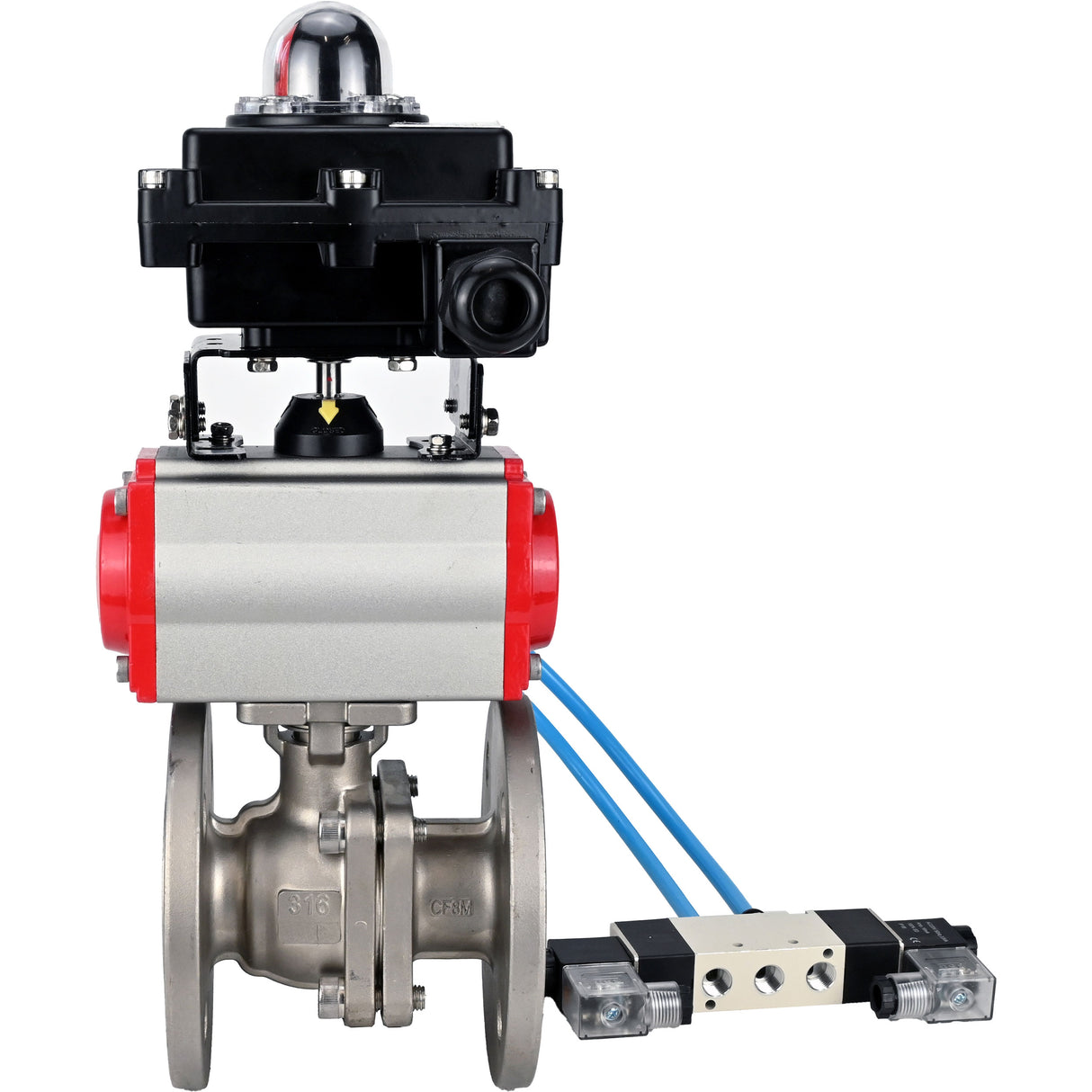 Ball valves Elephant BV3232P(2pc)-FP-F-ISO-H, full bore flanged, stainless steel SS316, seal - PTFE, with pneumatic actuator PA-SA with return springs, with pneumatic distributor 4V320-10 220V, with LSU APL-410N EX