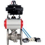 Ball valves Elephant BV3232P(2pc)-FP-F-ISO-H, full bore flanged, stainless steel SS316, seal - PTFE, with pneumatic actuator PA-SA with return springs, with pneumatic distributor 4V320-10 220V, with LSU APL-410N EX