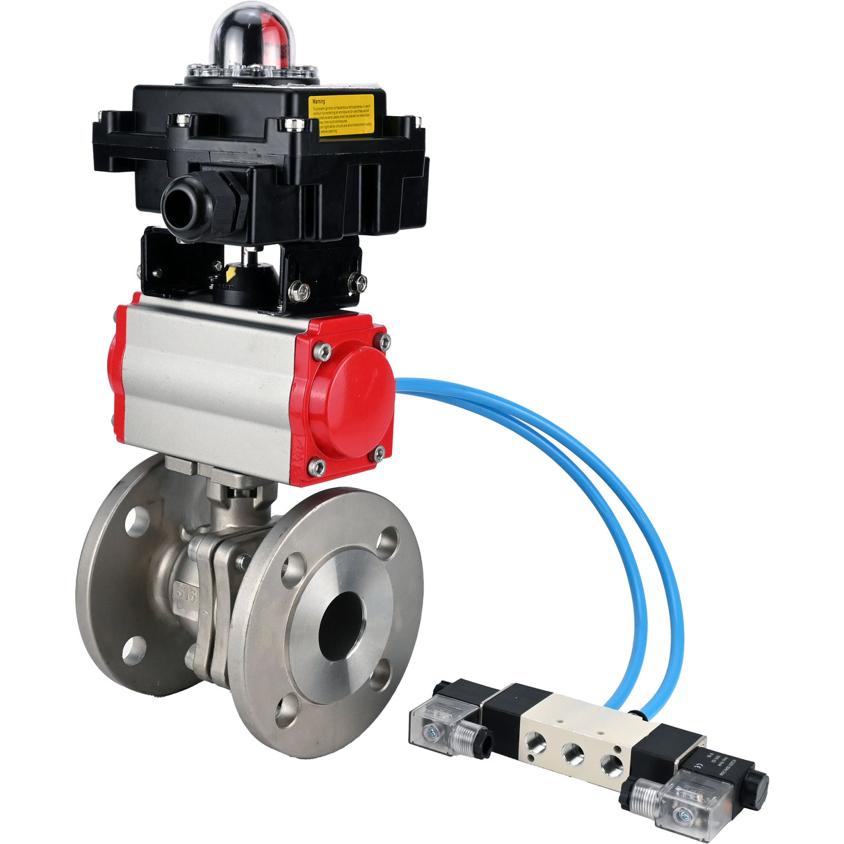 Ball valves Elephant BV3232P(2pc)-FP-F-ISO-H, full bore flanged, stainless steel SS316, seal - PTFE, with pneumatic actuator PA-SA with return springs, with pneumatic distributor 4V320-10 220V, with LSU APL-410N EX