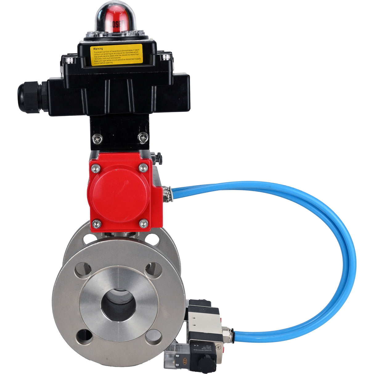 Ball valves Elephant BV3232P(2pc)-FP-F-ISO-H, full bore flanged, stainless steel SS316, seal - PTFE, with pneumatic actuator PA-SA with return springs, with pneumatic distributor 4V320-10 220V, with LSU APL-410N EX
