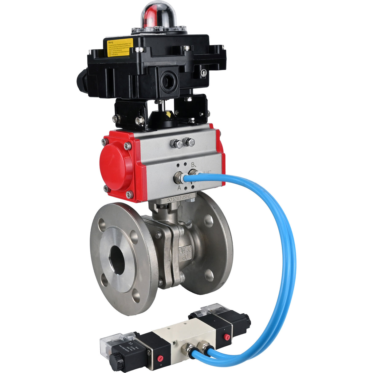 Ball valves Elephant BV3232P(2pc)-FP-F-ISO-H, full bore flanged, stainless steel SS316, seal - PTFE, with pneumatic actuator PA-SA with return springs, with pneumatic distributor 4V320-10 220V, with LSU APL-410N EX