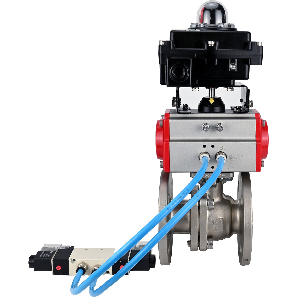 Ball valves Elephant BV3232P(2pc)-FP-F-ISO-H, full bore flanged, stainless steel SS316, seal - PTFE, with pneumatic actuator PA-SA with return springs, with pneumatic distributor 4V320-10 220V, with LSU APL-410N EX