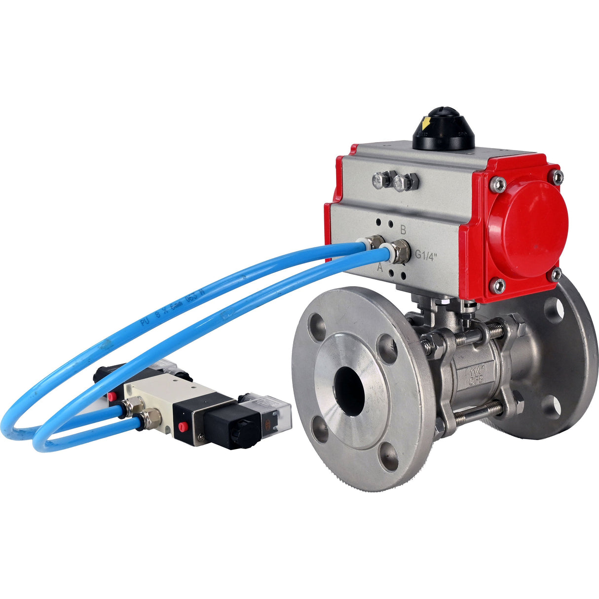 Ball valves Elephant BV3131P(3pc)-FP-F-ISO-H 16 bar, three-piece full bore flanged, stainless steel SS304, seal - PTFE, with double-acting PA-DA pneumatic actuator, with pneumatic distributor 4V320-08 220V