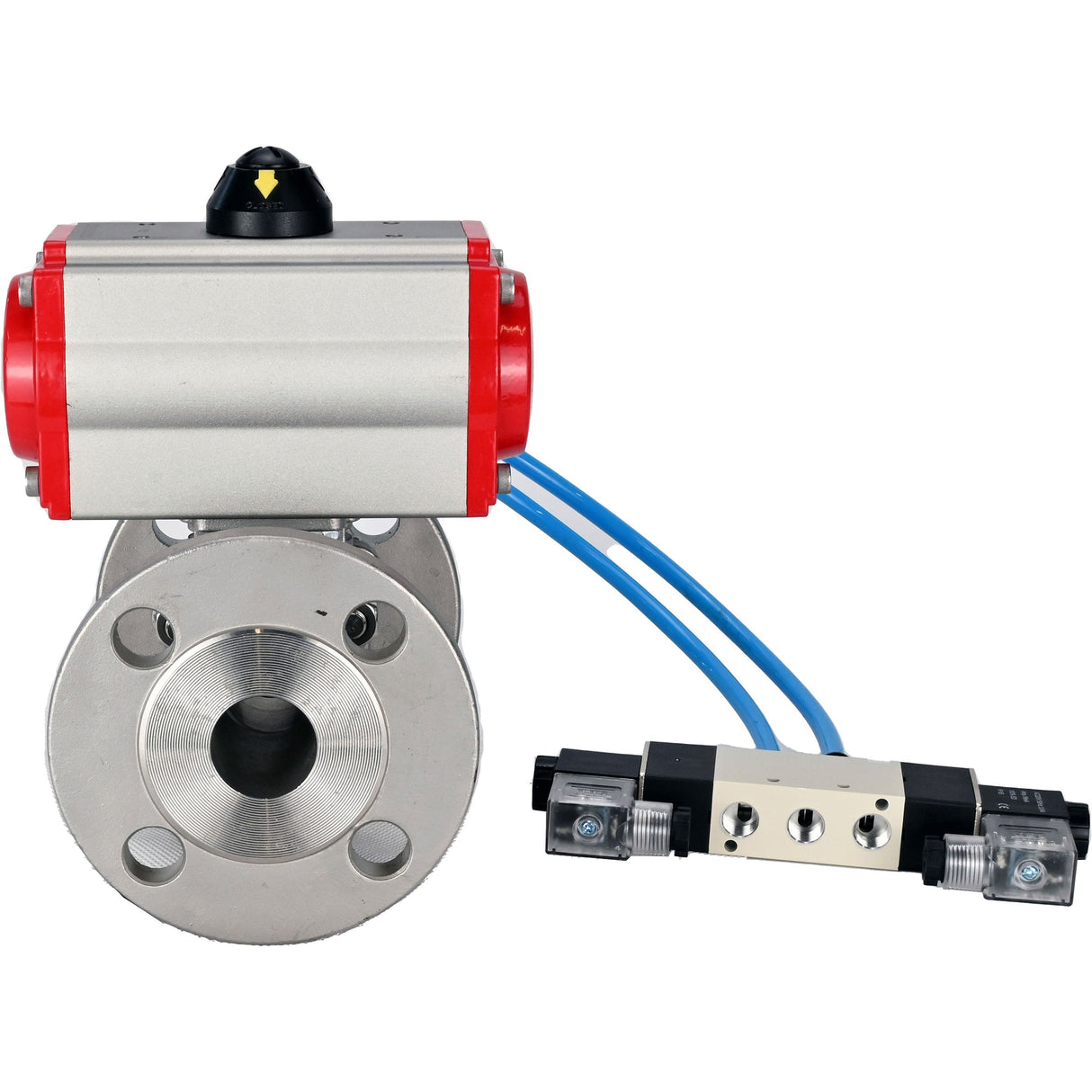 Ball valves Elephant BV3131P(3pc)-FP-F-ISO-H 16 bar, three-piece full bore flanged, stainless steel SS304, seal - PTFE, with pneumatic actuator PA-SA with return springs, with pneumatic distributor 4V320-10 220V
