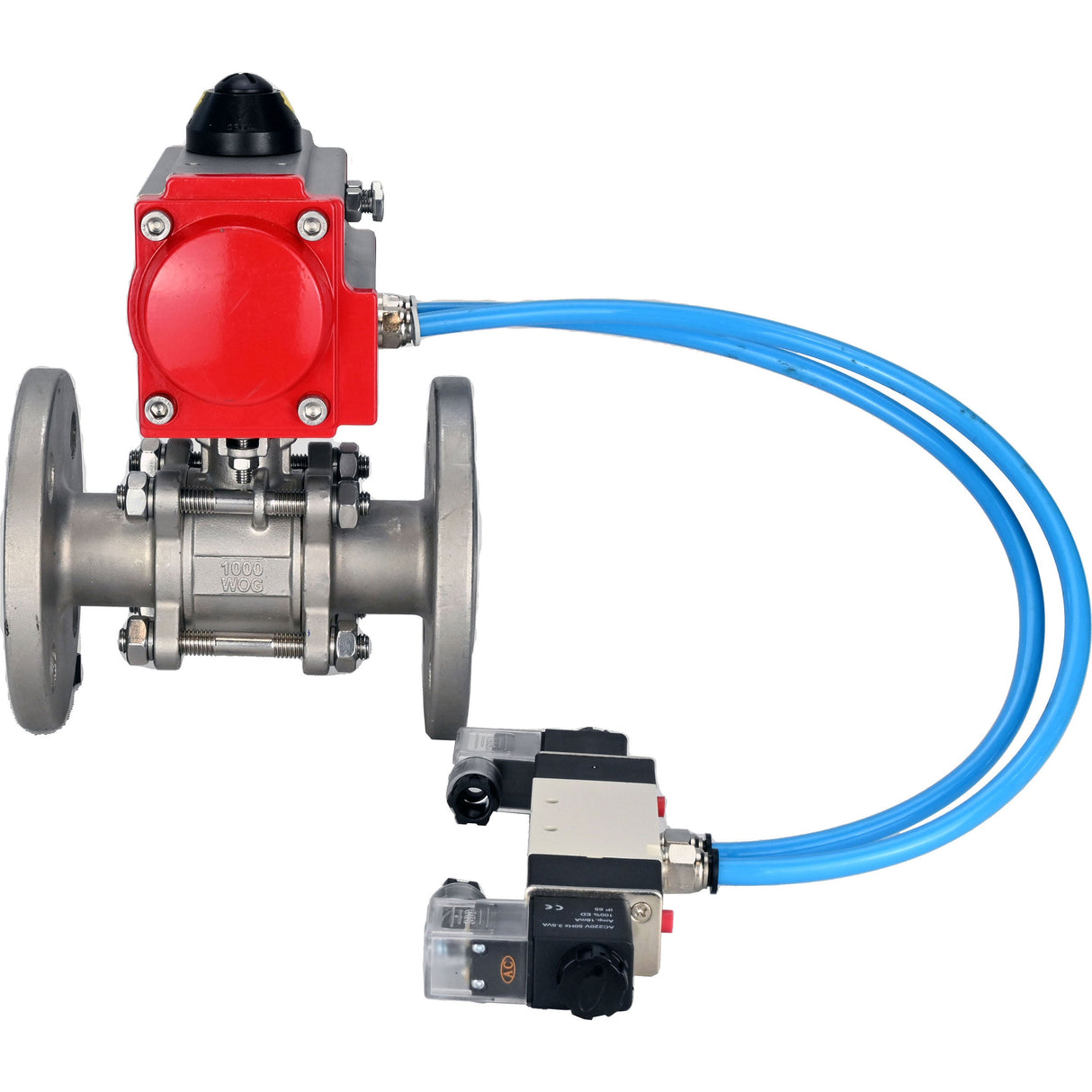 Ball valves Elephant BV3131P(3pc)-FP-F-ISO-H 16 bar, three-piece full bore flanged, stainless steel SS304, seal - PTFE, with double-acting PA-DA pneumatic actuator, with pneumatic distributor 4V320-08 220V