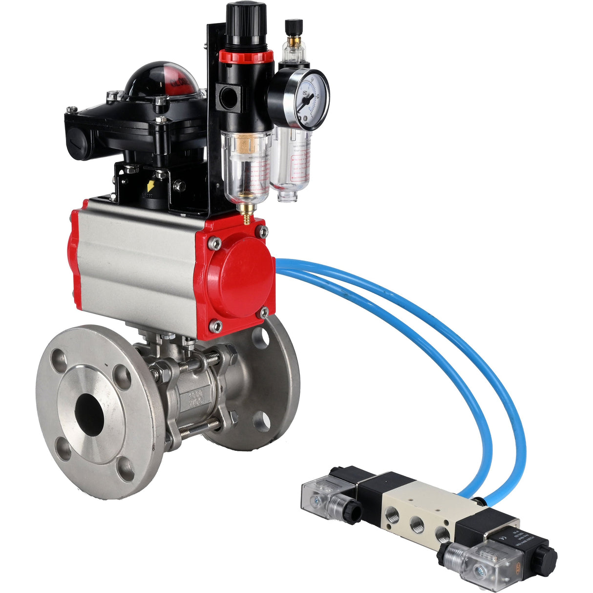Ball valves Elephant BV3131P(3pc)-FP-F-ISO-H 16 bar, three-piece full bore flanged, stainless steel SS304, seal - PTFE, with double-acting PA-DA pneumatic actuator, with pneumatic distributor 4V320-08 220V, with LSU APL-210N, with ATU AFC2000