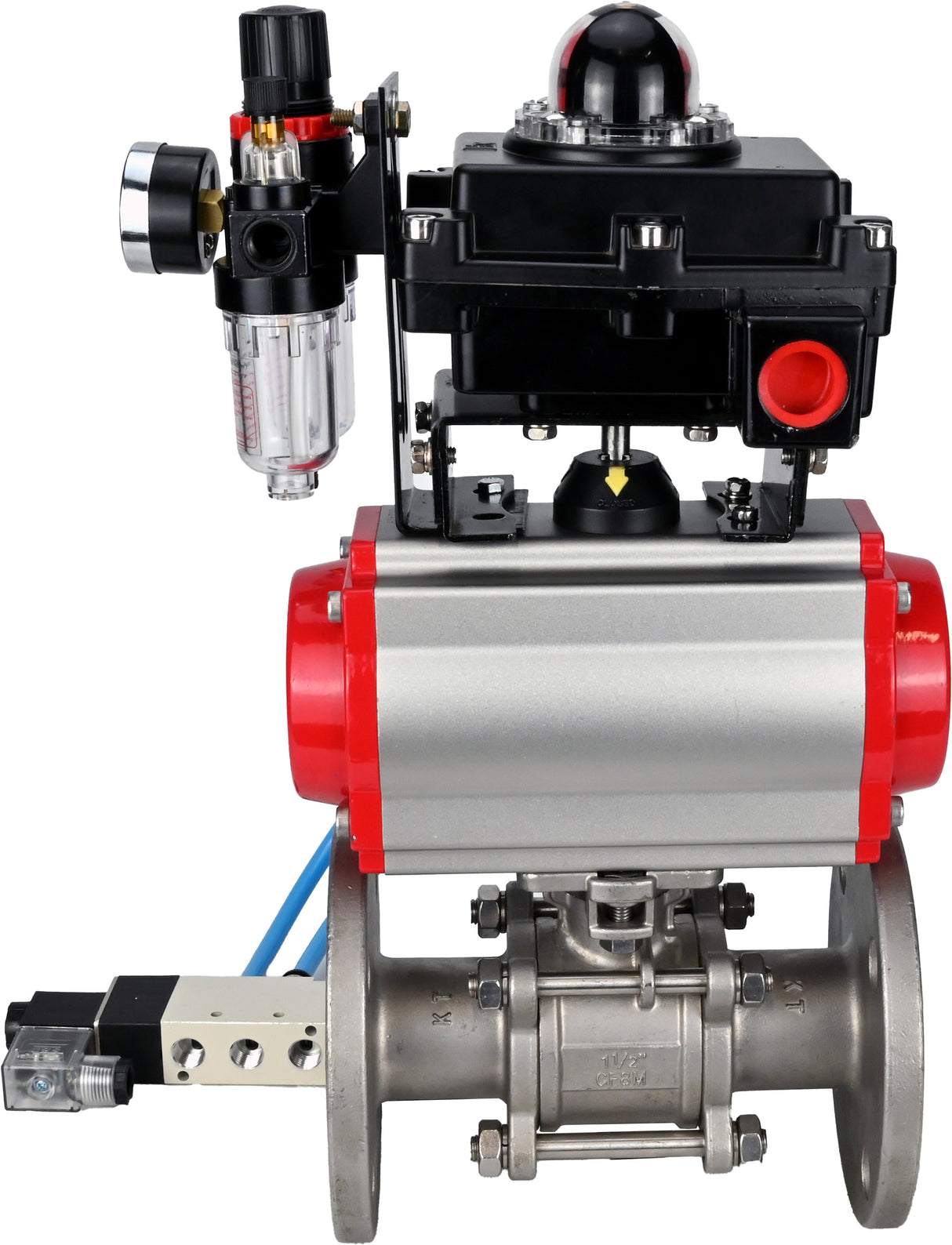 Ball valves Elephant BV3131P(3pc)-FP-F-ISO-H 16 bar, three-piece full bore flanged, stainless steel SS304, PTFE, with pneumatic actuator PA-SA with return springs, with pneumatic distributor 4V320-08 220V, with LSU APL -410N EX, with ATU AFC2000