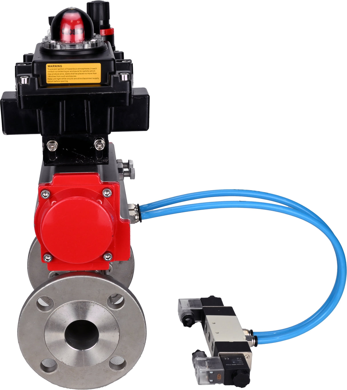 Ball valves Elephant BV3131P(3pc)-FP-F-ISO-H 16 bar, three-piece full bore flanged, stainless steel SS304, PTFE, with pneumatic actuator PA-SA with return springs, with pneumatic distributor 4V320-08 220V, with LSU APL -410N EX, with ATU AFC2000