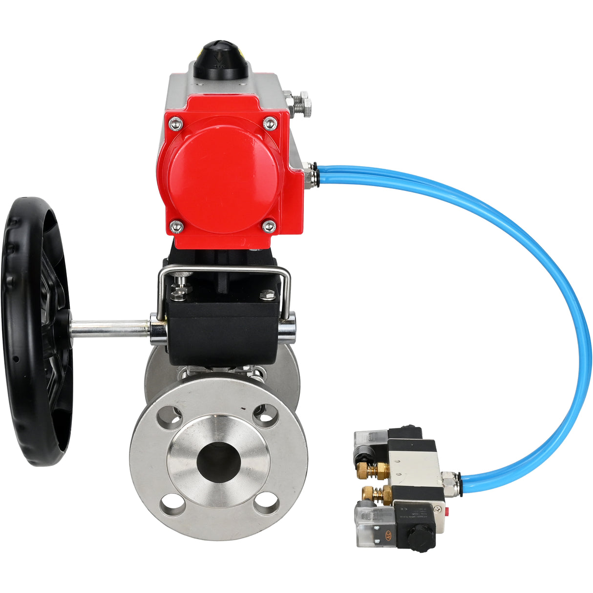 Ball valves Elephant BV3232P(3pc)-FP-F-ISO-H, three-piece full bore flanged, stainless steel SS304, seal - PTFE, with double-acting PA-DA pneumatic actuator, with pneumatic distributor 4V320-08 220V, with manual DNbler MON1-250-T26-I