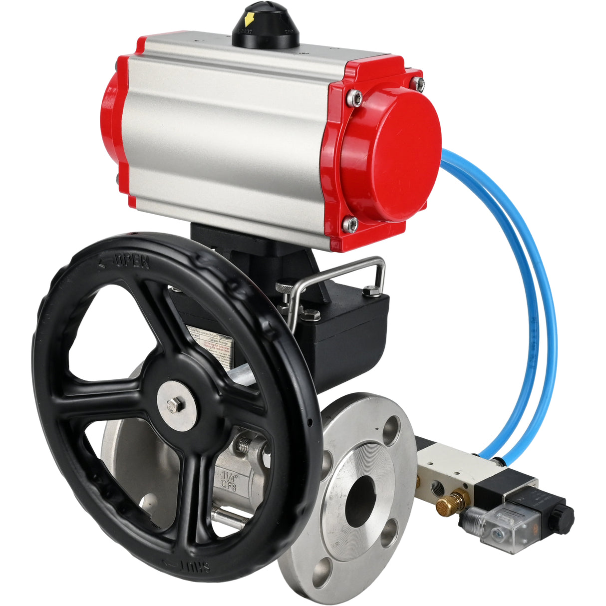 Ball valves Elephant BV3232P(3pc)-FP-F-ISO-H, three-piece full bore flanged, stainless steel SS304, seal - PTFE, with double-acting PA-DA pneumatic actuator, with pneumatic distributor 4V320-08 220V, with manual DNbler MON1-250-T26-I