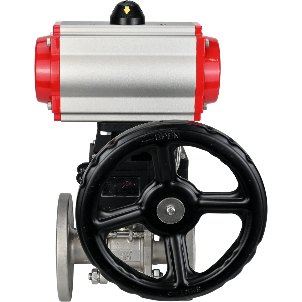 Ball valves Elephant BV3232P(3pc)-FP-F-ISO-H, three-piece full bore flanged, stainless steel SS304, seal - PTFE, with double-acting PA-DA pneumatic actuator, with pneumatic distributor 4V320-08 220V, with manual DNbler MON1-250-T26-I