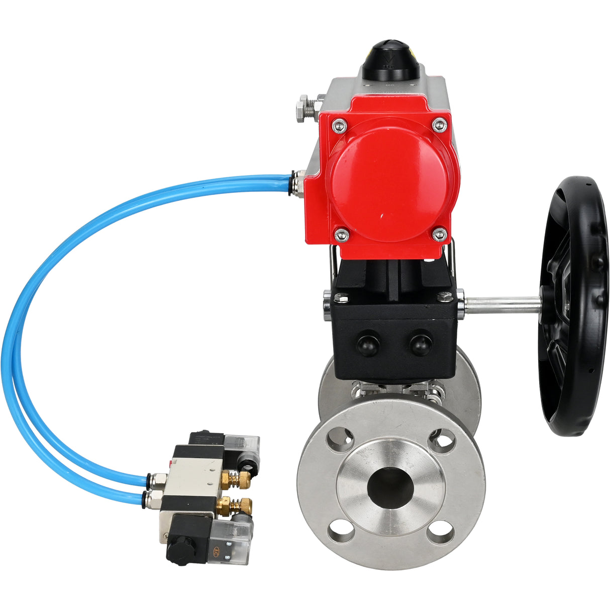 Ball valves Elephant BV3232P(3pc)-FP-F-ISO-H, three-piece full bore flanged, stainless steel SS304, seal - PTFE, with double-acting PA-DA pneumatic actuator, with pneumatic distributor 4V320-08 220V, with manual DNbler MON1-250-T26-I