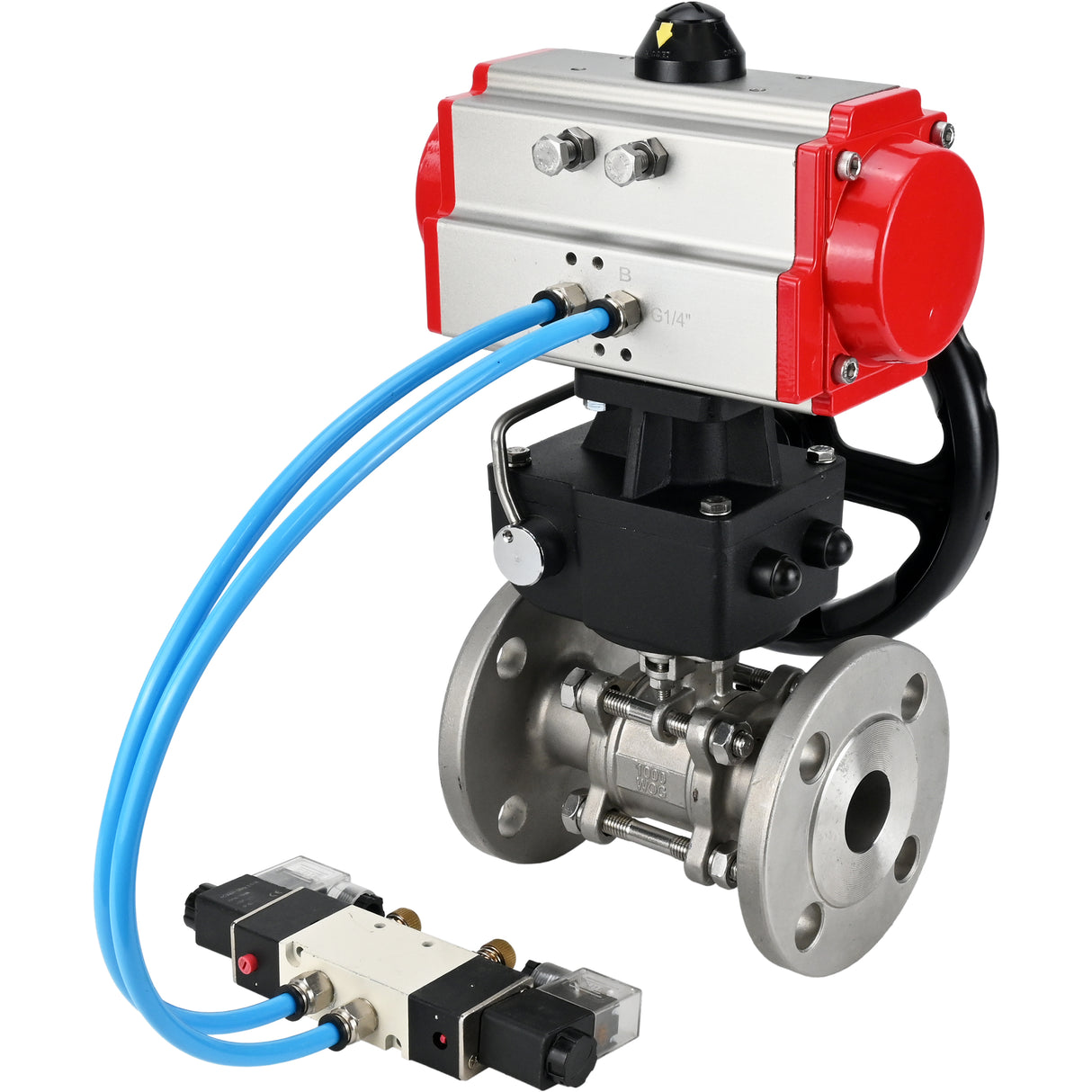 Ball valves Elephant BV3232P(3pc)-FP-F-ISO-H, three-piece full bore flanged, stainless steel SS304, seal - PTFE, with double-acting PA-DA pneumatic actuator, with pneumatic distributor 4V320-08 220V, with manual DNbler MON1-250-T26-I