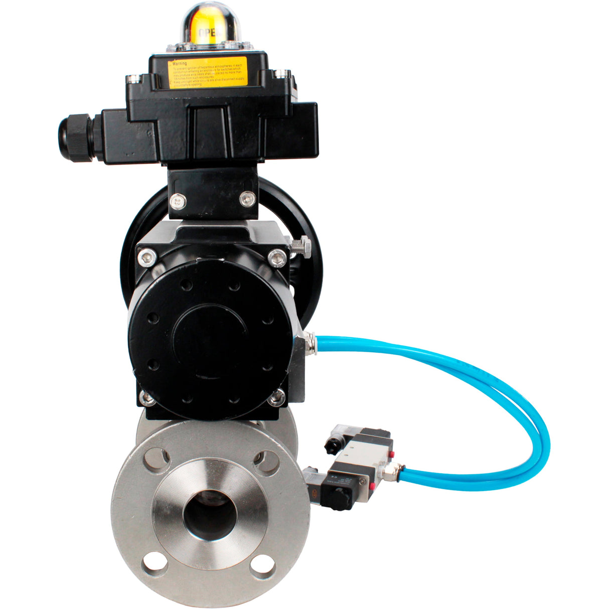 Ball valves Elephant BV3131P(3pc)-FP-F-ISO-H DN65-80 16 bar, three-piece full bore flanged, stainless steel SS304, seal - PTFE, with pneumatic actuator PA-DA-105-1 double acting, with pneumatic distributor 4V320-10 220V, with LSU APL-410N EX