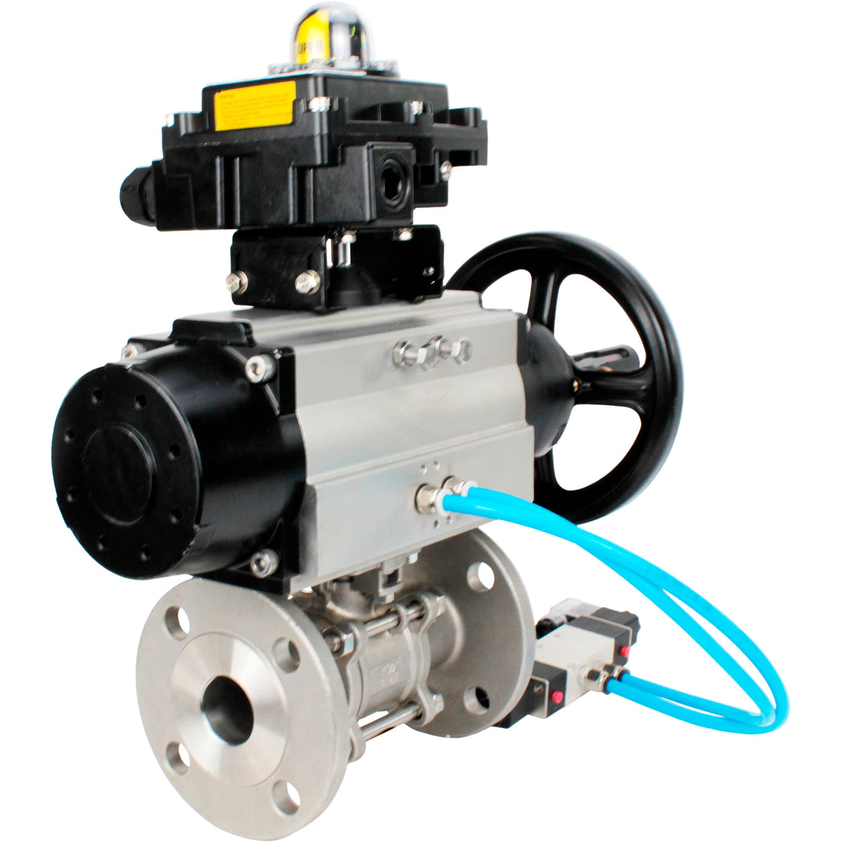 Ball valves Elephant BV3131P(3pc)-FP-F-ISO-H DN65-80 16 bar, three-piece full bore flanged, stainless steel SS304, seal - PTFE, with pneumatic actuator PA-DA-105-1 double acting, with pneumatic distributor 4V320-10 220V, with LSU APL-410N EX