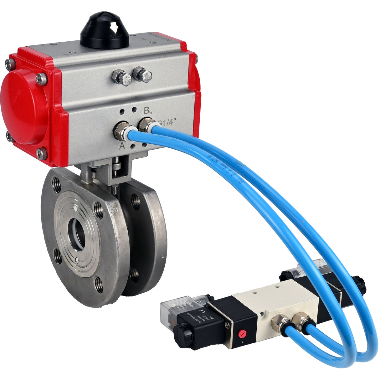 Ball valves Elephant BV3232P-FP-Fb-ISO-H 16 bar, full bore wafer, stainless steel SS316, seal - PTFE, with pneumatic actuator PA-SA with return springs, with pneumatic distributor 4V320-08 220V