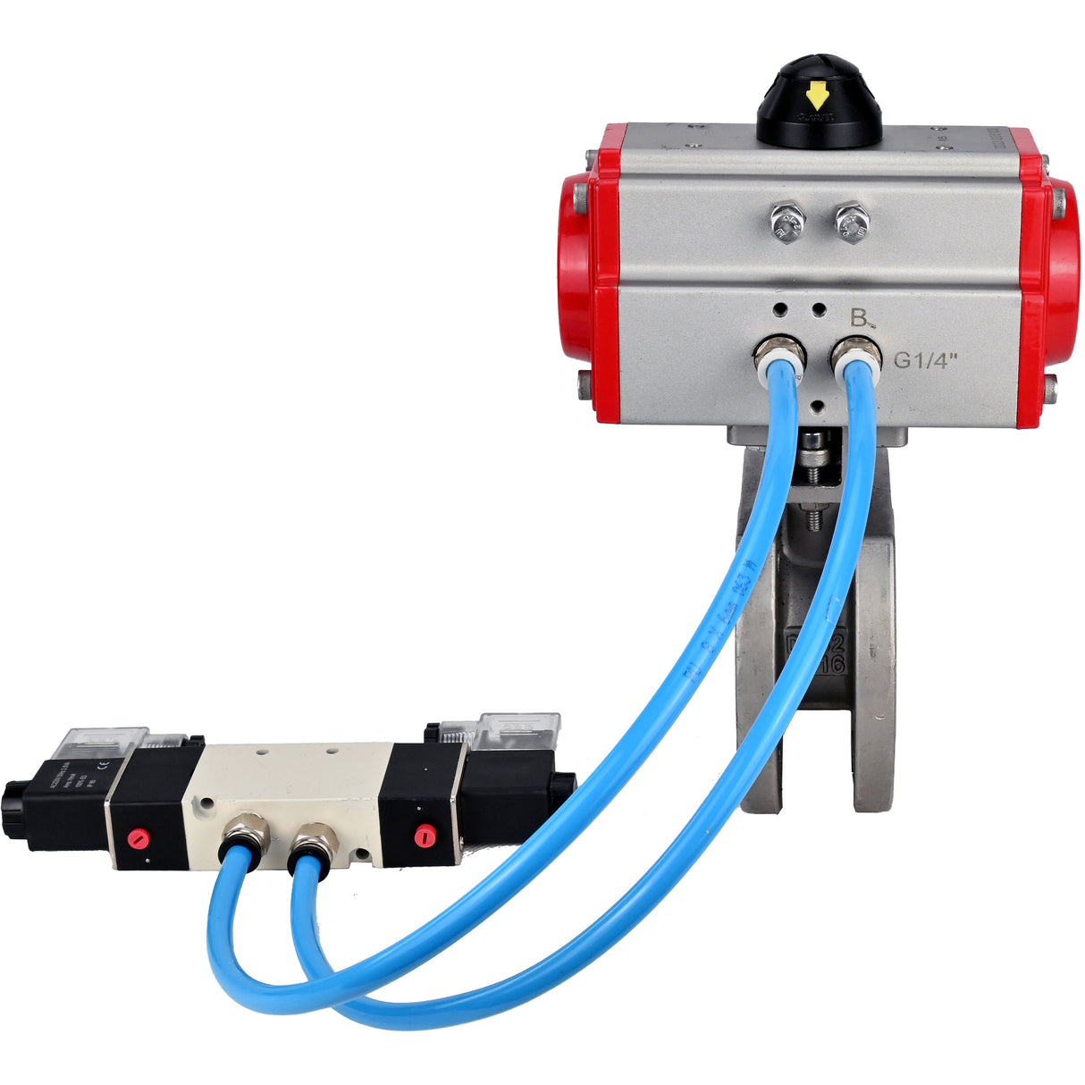 Ball valves Elephant BV3232P-FP-Fb-ISO-H 16 bar, full bore wafer, stainless steel SS316, seal - PTFE, with pneumatic actuator PA-SA with return springs, with pneumatic distributor 4V320-08 220V